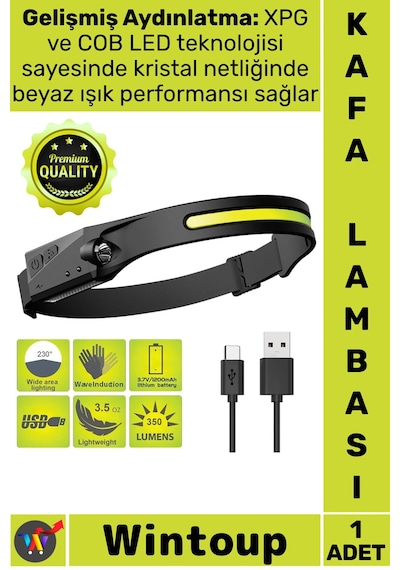 Lamba Güçlü Xpg 5 Aydınlatma Modlu Cob Led Sensörlü Usb Şarj Edilebilir Dahili Pilli Kafa Lambası Çok Renkli