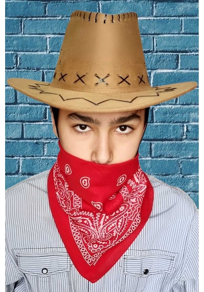 Uniquetrenders Çocuk Unisex Bandanalı Nubuk Kovboy Şapkası 8-14 Yaş Cappuccino 2