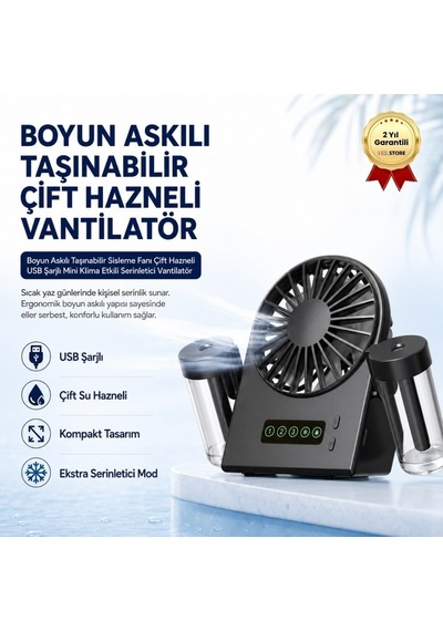 Boyun Askılı Taşınabilir Sisleme Fanı Çift Hazneli Usb Şarjlı Mini Klima Etkili Serinletici Vantilatör-1640