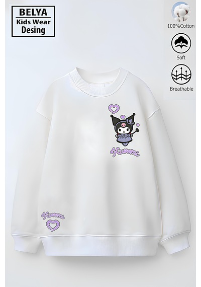 Tam Kalıp Oversize Kız Çocuk Pamuğa Pamuk 3 İplik Kumaş Karakter Kur Tasarım Sweatshirt Beyaz