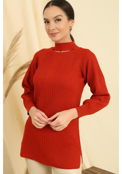 By Saygı Boyun Dekolteli Saç Örgülü Desen Büyük Beden Spor Tunik Kazak-35198 - Mercan