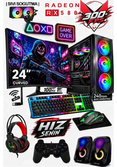 J-tech Ryze Ryzen 5 5500 32 GB 512 GB SSD RX580 8 GB 24" Curved Free Dos Masaüstü Bilgisayar
