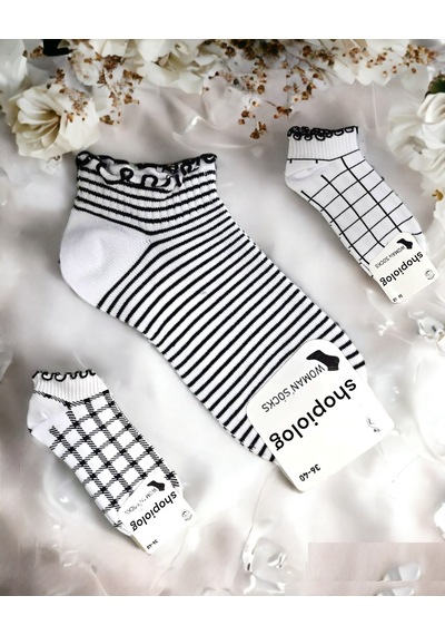 Shopiolog Sevimli Marul Desenli Bilek Çorabı 3'lü Paket Siyah - Beyaz