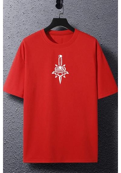 Unisex Skullcracked Baskılı T-shirt Kırmızı