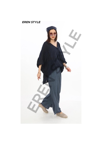 Eren Style Bohem Kuruvaze Tek Düğmeli Keten Bluz-9884 Lacivert