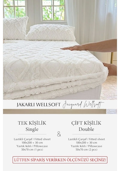 Süper Yumuşak Jakar Kadifemsi Peluş Lastikli Fitted Çarşaf Seti Kaymaz Tek/çift Kişilik Krem Kırık Beyaz