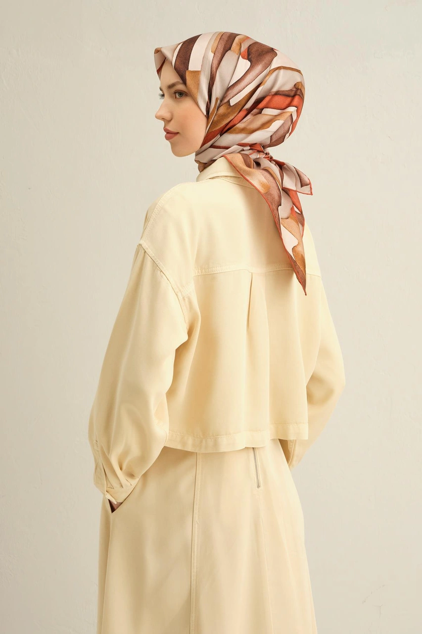 Armine Soyut Desenli Saf İpek Twill Eşarp 9306d 09 KAhverengi