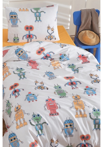 Eponj Home Tek Kişilik Pamuklu Nevresim Takımı 3 Parça Roboti Desen Beyaz / Yumuşak Dokulu Beyaz