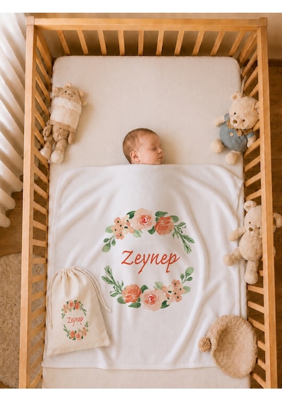 Kız Bebek Doğum Hediyesi İsme Özel 80x80 Cm Bebek Battaniyesi 35x45 Cm Yastık Kılıfı Ham Bez Kıyafet Kesesi 2099ybk0x Krem