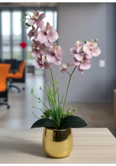 Yapay Çiçek Pudra Pembe Islak Orkide Gold Metal Saksıda Saksıda Orkide 50cm