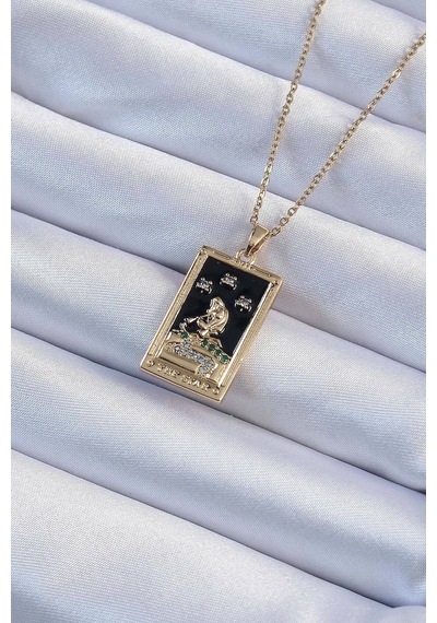 316l Çelik Zincir Gold Renk Zirkon Taşlı Siyah Mineli Kız Figürlü Tarot Kolye Çok Renkli Çok Renkli