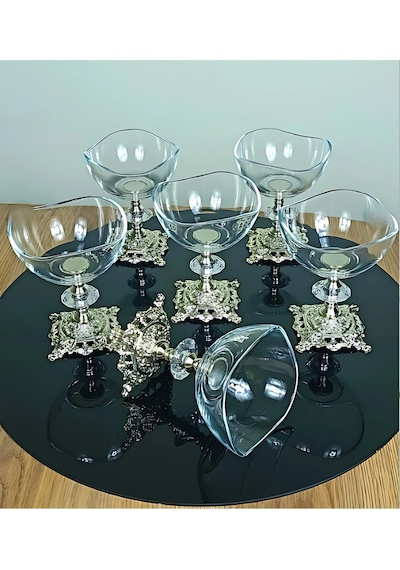 Assa Bazaar 6 Lı Metal Ayaklı Gümüş Detaylı Magnolia Kase Seti Dondurmalık Şekerlik Sunumluk Gri