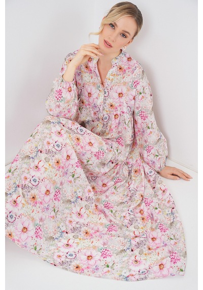 Bigdart Kadın Desenli Tesettür Elbise 2583 - Pembe