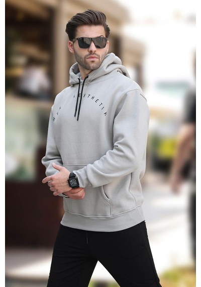 Madmext Boyalı Gri Kapüşonlu Cep Detaylı Nakışlı Erkek Sweatshirt 7054-boyalı Gri Boyalı Gri