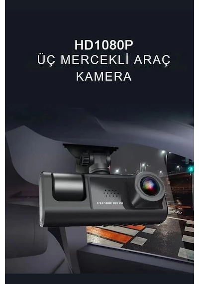 Siyah 1080p Araç İçi 3 Kameralı Lcd Ekranlı Gece Görüşlü , G-sensör , Geri Görüş Kamera