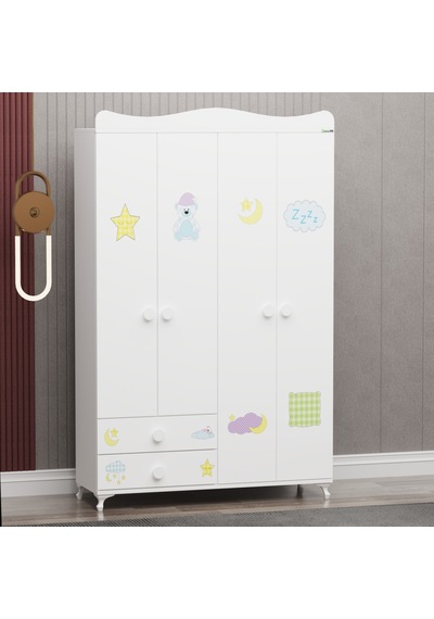 Elegant Beşik Ve Yıldız 4 Kapaklı Dolap- Uykucu Beyaz