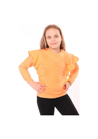 Kız Çocuk Regular Fit Bisiklet Yaka Fırfırlı Baskılı Sweatshirt - 2 İplik Turuncu