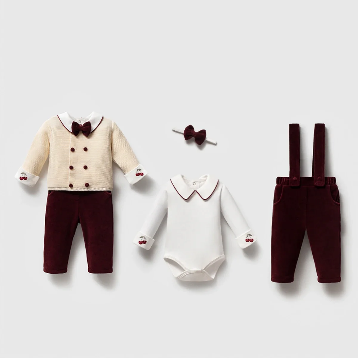 Momercy Erkek Bebek Kadife Tulum Salopet Body Hırka Papyon Kutulu Hediyelik 4lü Set Bordo