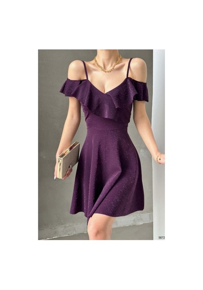 DefyModa Kadın Minimal Esnek Krep Kumaş Kruvaze Yaka Volanlı Abiye Elbise Mor