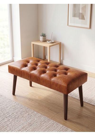 Modern Kapitoneli Taba Deri Kumaş Bench Puf Oturma Bankı Ahşap Ceviz Ayaklı Demonte 90x45
