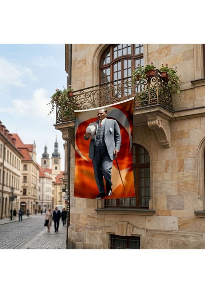 Atatürk Baston Ve Fotor Şapkasiyla Poster Bayrak Premium Raşel Kumaş Ata74 Diğer