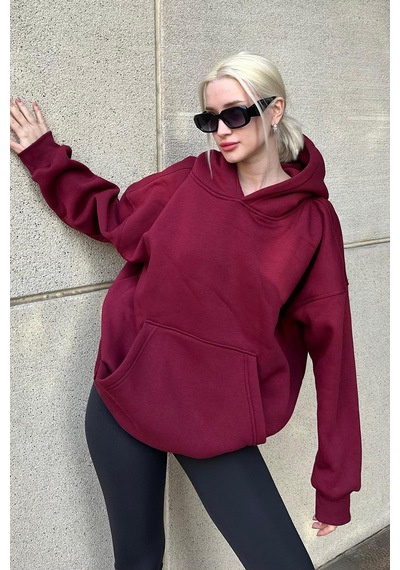 Madmext Bordo Kapüşonlu Şardonlu Oversize Sweatshirt Mg1566 Bordo