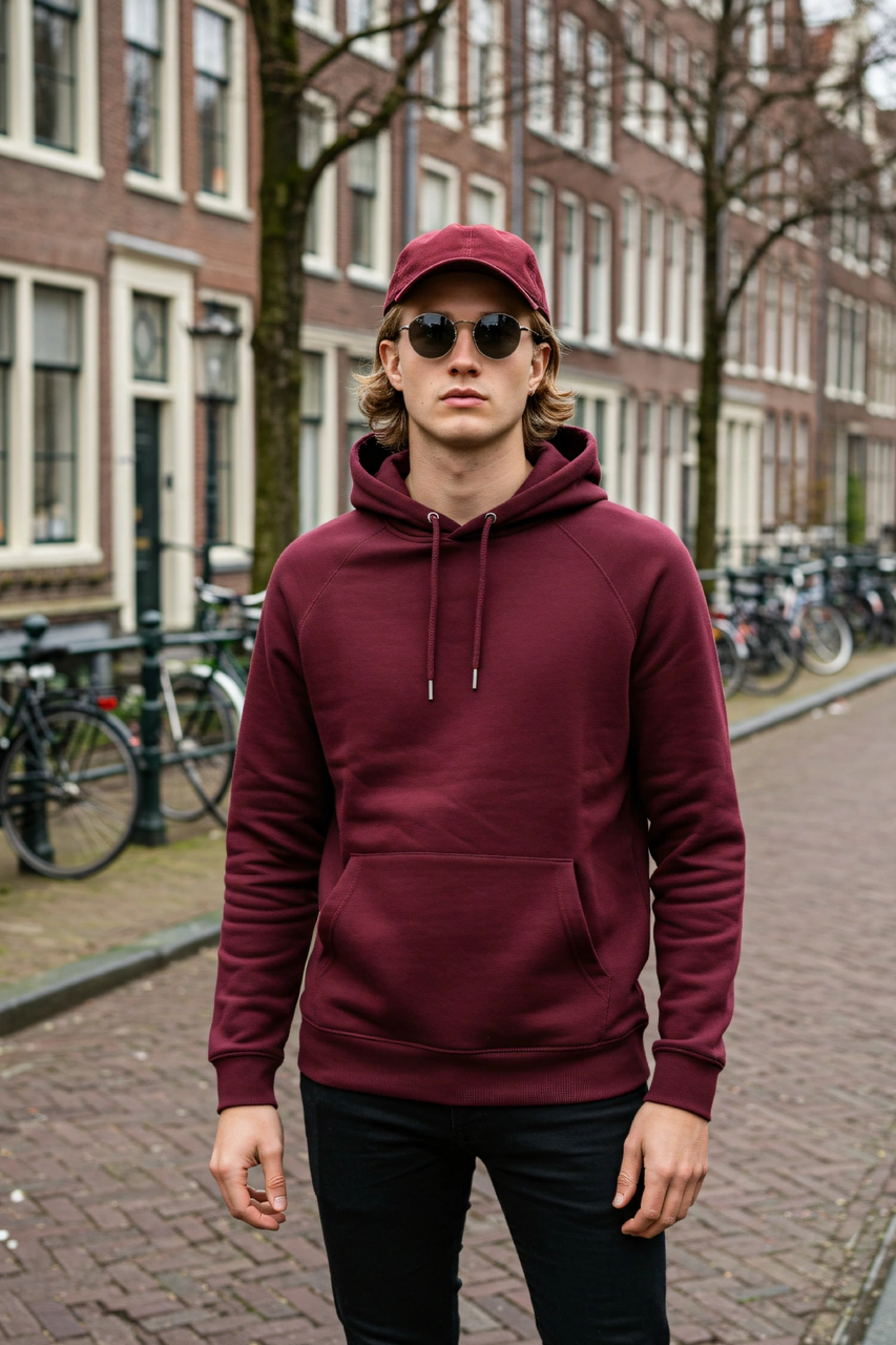 Erkek Oversize %100 Pamuk Yüksek Kalite Erkek Kapüşonlu Sweatshirt Bordo