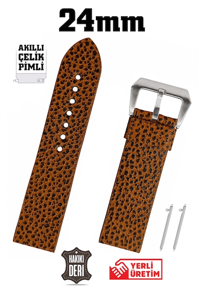 24mm Kahverengi Leopar Desenli Spor Hakiki Deri Saat Kordonu Kayış Akıllı Pimli Gümüş