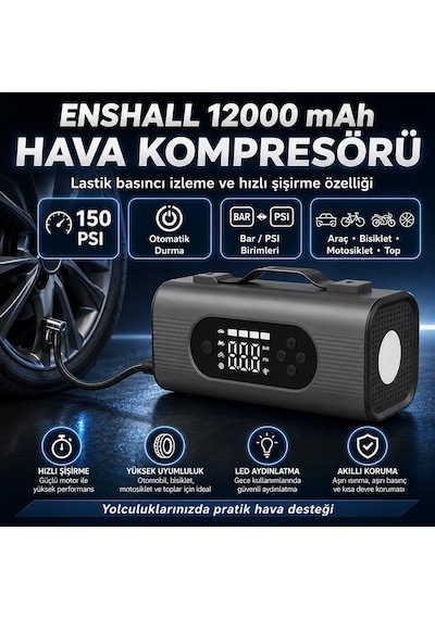 Enshall Ens001 Jump Starter - 10 İn 1 12000 Mah Araç Akü Takviye Cihazı Hava Kompresörü Powerbank Süpürge Led Fener