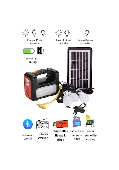 Solar Panelli Radyolu+bluetooth+mp3 Ve Telefon Şarj Özellikli Solar Kamp Lambası Turuncu