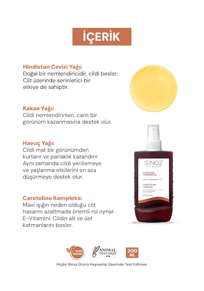 Sinoz Kusursuz Bronzlaştırıcı Hindistan Cevizi Kakao Havuç Yağı İçeren Güneş Yağı Spreyi  200 ML