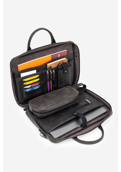 Mussen Hakiki Deri Organizer Macbook Laptop Evrak Çantası 13" & 14" İnç Asfalt Tiana