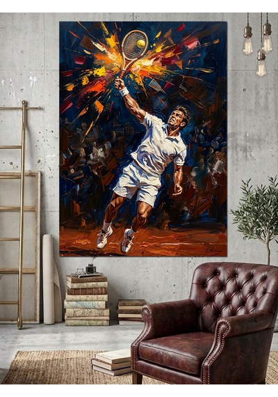 Tenis Raketiyle Smaç Vuran Beyaz Formalı Adam Dekoratif Kanvas - Mdf Ahşap Tablo Çok Renkli