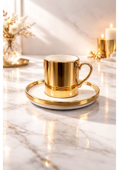 2 Kişilik Porselen Gold Platin Kaplama Kahve Fincan Takımı Seti 100ml Altın