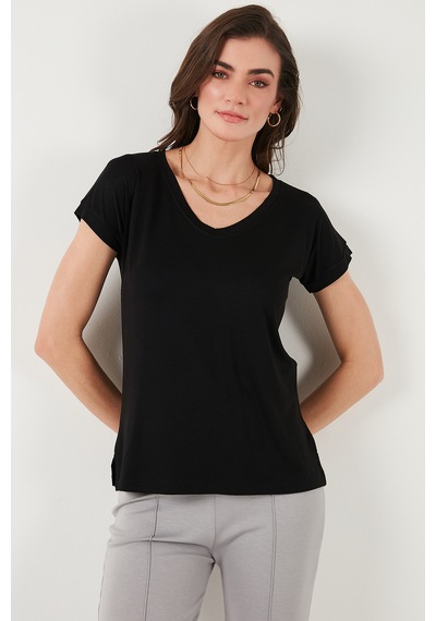 Lela V Yaka Relaxed Fit Yırtmaç Detaylı 2'Li Paket Bayan Bluz 5862000S2 Siyah-Bebe Mavi
