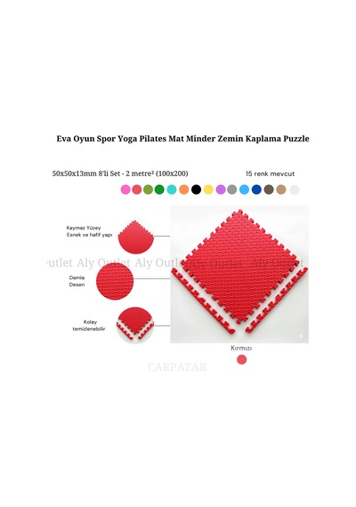 Damla Desen Tatami Eva Spor Yoga Pilates Oyun Matı Halısı Minderi Puzzle 50x50 13mm 8 Adet 100x200 Kırmızı