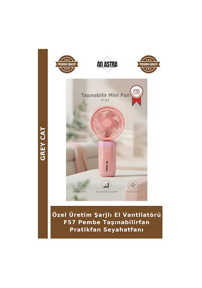 Özel Üretim Şarjlı El Vantilatörü F57 Pembe Taşınabilirfan Pratikfan Seyahatfanı