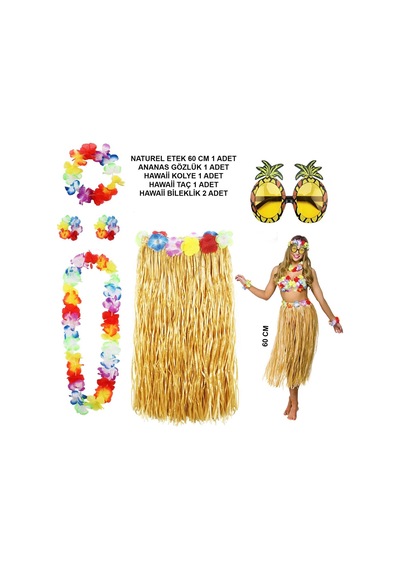 Hawaii Parti Kostüm Seti - 60 Cm Hasır Etek, Çiçekli Aksesuarlar Ve Ananas Gözlük