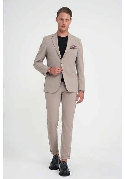 Efor Slim Fit Mono Yaka Fleto Cepli Çift Yırtmaçlı Casual Vizon Ceket C 710 Vizon