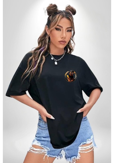 Süper Tasma Rottweiler Eğitim Siyah Oversize Unisex Ön Sol Yan Minimal Baskılı Tişört Koyu Siyah