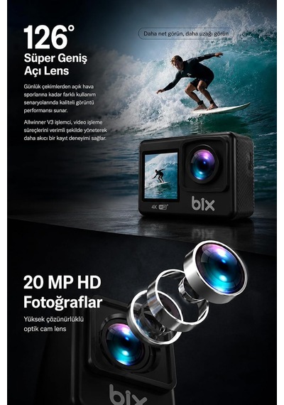 4k Ultra Hd Wi-fi Aksiyon Kamerası 20 Mp Çift Ekranlı 30 Metre Su Geçirmez Genel