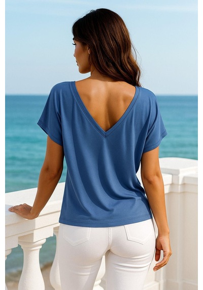 Kadın Indigo Viskon Ön Arka V Yakalı T-shirt Yarasa Kol Relaxed Bluz Çok Renkli