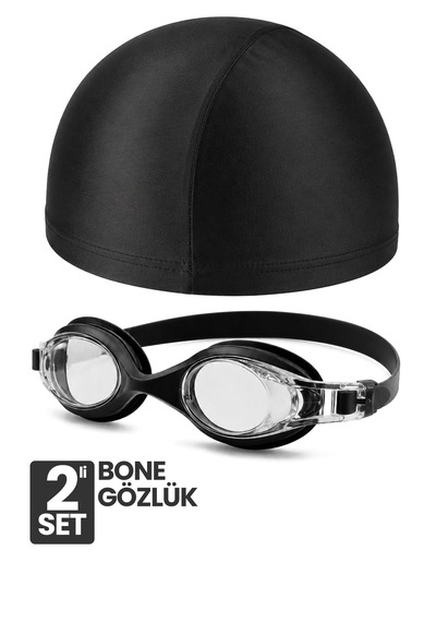 Set Yüzücü Gözlüğü Kumaş Bone Set Yüzme Havuz Deniz Gözlüğü Ve Bone Siyah