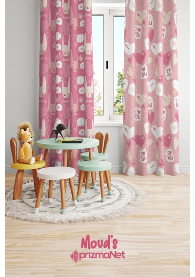 Aşk Ve Kedi Desenli Baskılı Çocuk Ve Bebek Odası Fon Perdesi 2 Kanat - Prd-32 Çok Renkli