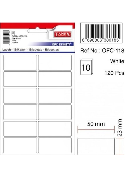 Tanex OFC-118 Ofis Etiketi 10 Sayfa 180 Adet 23 x 50 MM Beyaz