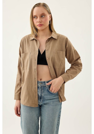 Vitrin Basic Oversize Önden Cepli Gömlek VİZON