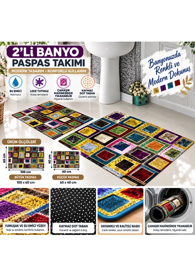 Renkli Mozaik Patchwork 2 Li Banyo Paspası Seti Kaymaz Taban Yıkanabilir Çok renkli