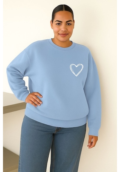 Benroma 3 İplik Penye Kalp Baskılı Unisex Sweatshırt Bebe Mavisi