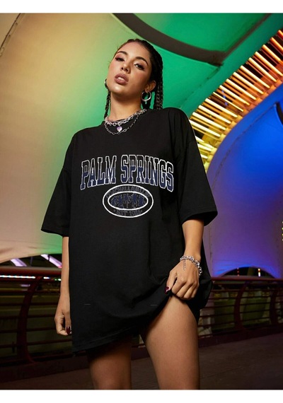 Flood Of Style Kadın Palm Springs Siyah Baskılı Oversize Tshırt
