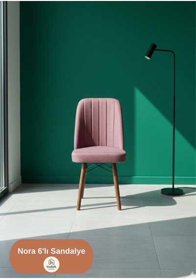 Nora 6 Adet Sandalye - Keten Kumaşlı Sandalye Modern Ahşap Ayaklı Yemek & Çalışma Sandalyesi Minimal Tasarım Pembe